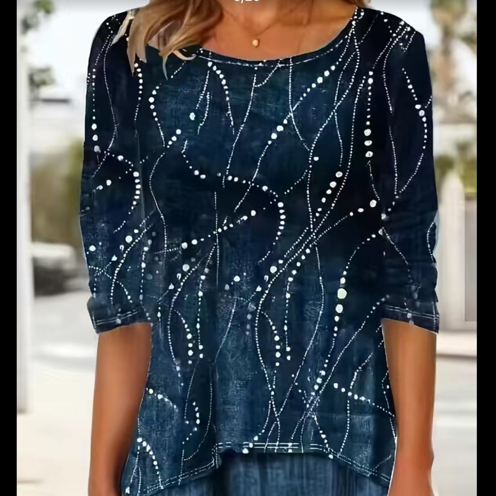 Silky Blue and White 3/4 Sleeve Pullover Blouse